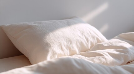 serene scene of unmade bed with soft crumpled sheets in natural light fills frame