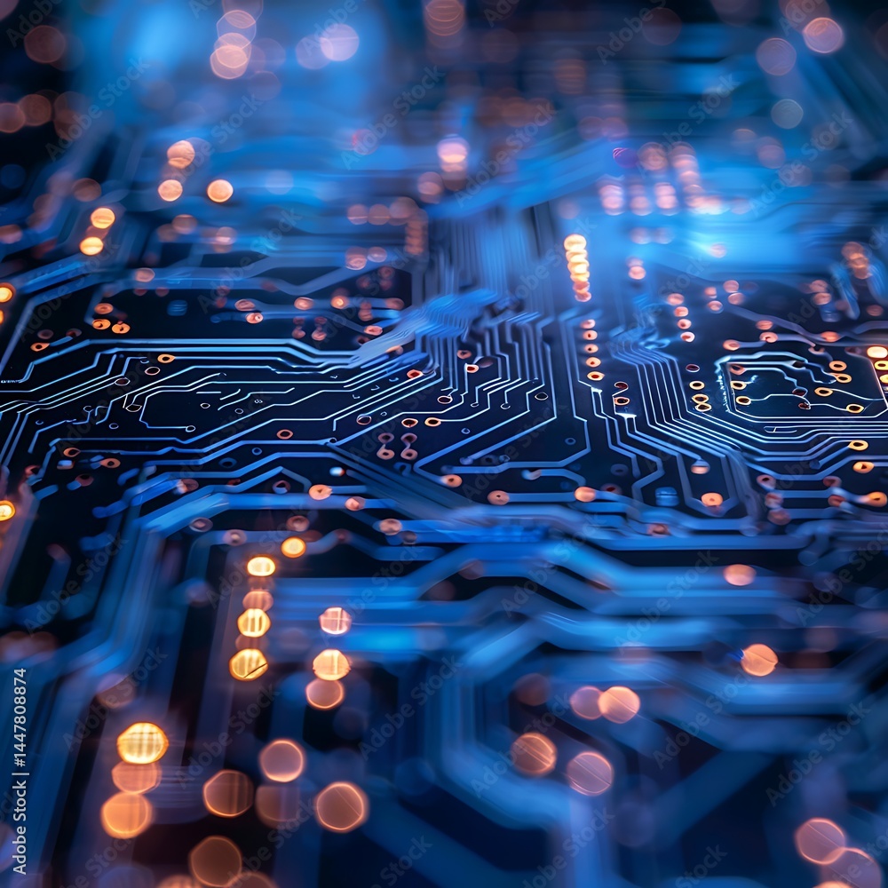 Poster close-up abstract background of a glowing blue electronic circuit board with intricate pathways, hig