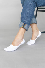 White color short mini socks mockup for design isolated on white background. Set of short socks for...