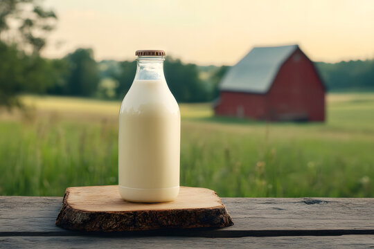 Fresh farm milk in simple glass bottle resting on vintage wooden board, framed by red barn and wide open fields, capturing rustic charm and peaceful spirit of countryside summer days. - Powered by Adobe