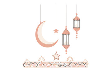  illustration of a crescent moon and star hanging from lanterns