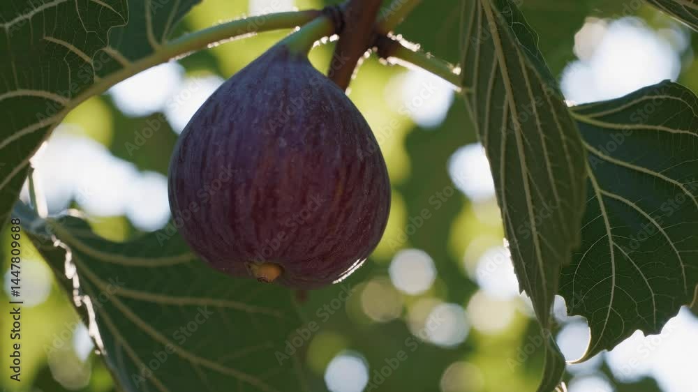 Poster close-up video of a ripe fig on a tree, captured from a low angle. sunlight filters through leaves, 
