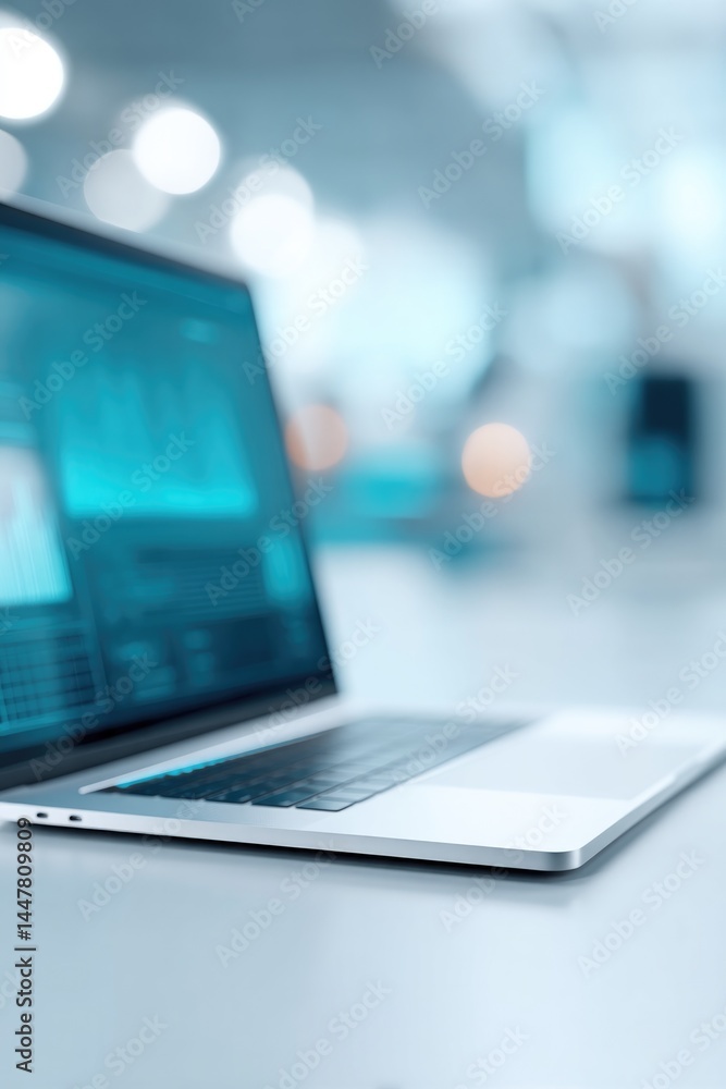 Aufkleber sleek business desk with laptop displaying ai data focused on and blurred professionals in backgroun