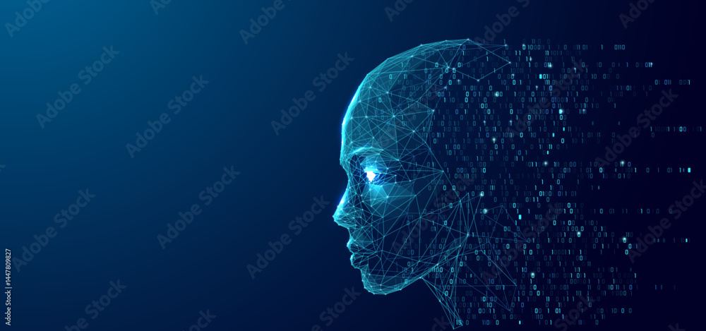 Aufkleber Side view. An abstract digital human consists of wireframes, lines, and connected dots on a technological blue background. AI humanoid face flows into binary code. Futuristic robot. Tech vector bg.