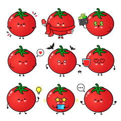 A series of adorable cartoon Tomatoes displaying various emotions, perfect for fun concepts and designs.