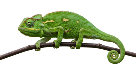 Fototapeta premium Vibrant Green Chameleon Perched on a Twig Isolated on White Background Displaying Scales and Textured Skin Details