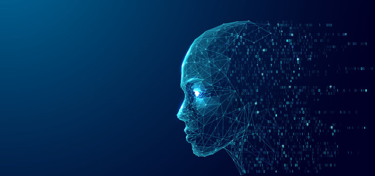 Side view. An abstract digital human consists of wireframes, lines, and connected dots on a technological blue background. AI humanoid face flows into binary code. Futuristic robot. Tech vector bg.