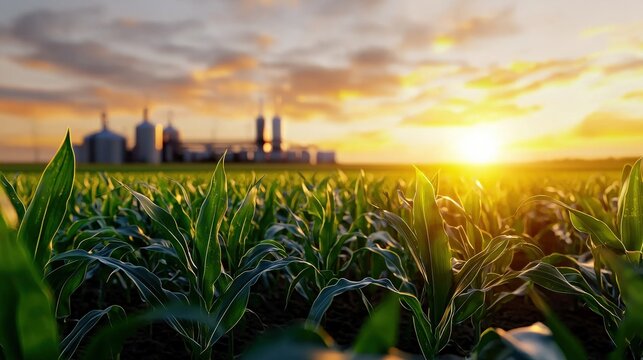 A field of corn being processed into ethanol in a futuristic biofuel facility