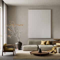 living room interior mock up with modern furnitures. Poster frame mock up in modern interior design. 3D illustration