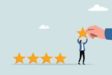 Customer experience or customer reviews by giving 5-star ratings, feedback from people who use the service or app concept, entrepreneur standing with giant hand giving five-star rating