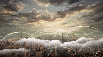 Cityscape with Digital Connectivity Lines