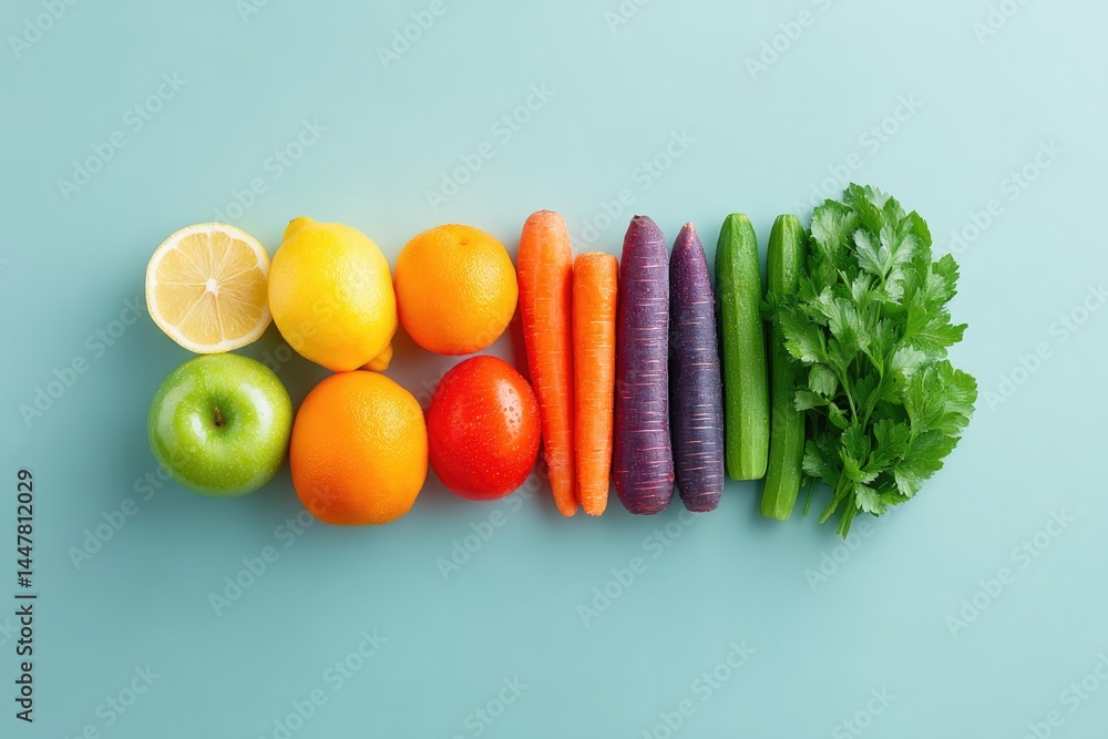 Aufkleber array of fresh fruits and vegetables beautifully arranged on plain minimalistic background showcasin