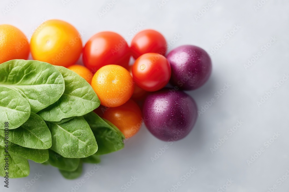 Poster array of fresh fruits and vegetables beautifully arranged on plain minimalistic background showcasin