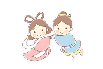 手を取り合う織姫様と彦星様のかわいいベクターイラスト