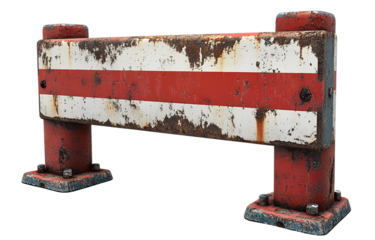 High-resolution, photo-realistic, red and white striped concrete roadblocks, isolated on a transparent background, PNG.