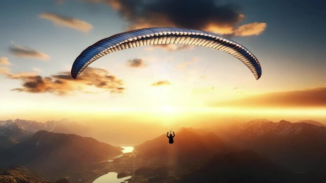 Paraglider soaring over a stunning landscape with a lake, mountains, and a glowing sunset