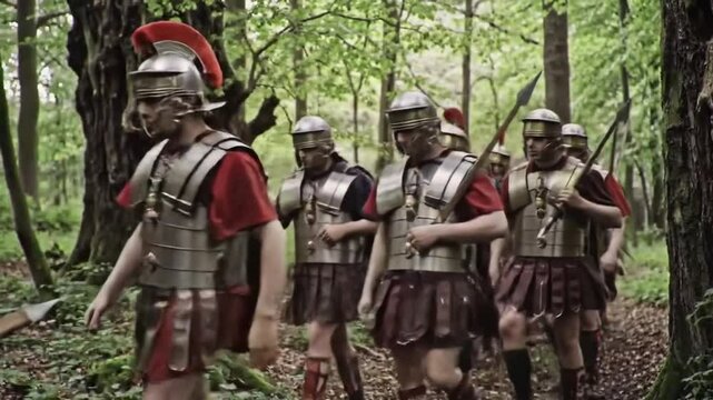 Una cohorte romana atravesando un bosque escena que recuerda la marcha hacia la batalla del bosque de Teutoburgo.