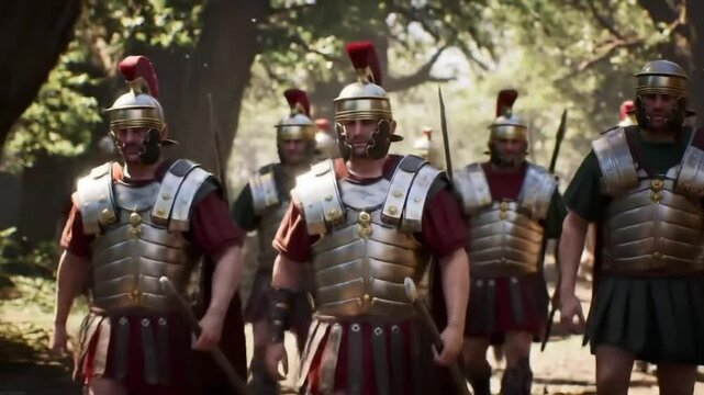 Una cohorte romana atravesando un bosque escena que recuerda la marcha hacia la batalla del bosque de Teutoburgo.