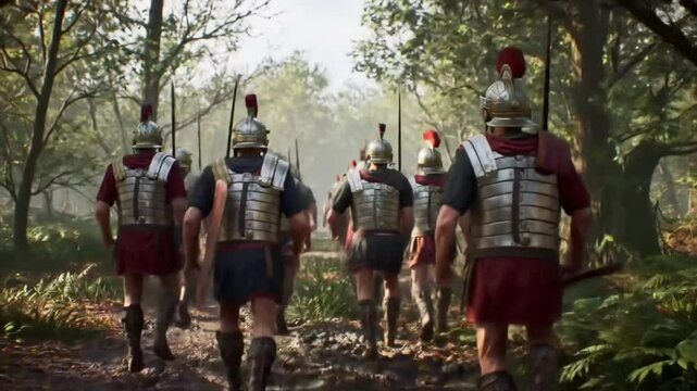 Una cohorte romana atravesando un bosque escena que recuerda la marcha hacia la batalla del bosque de Teutoburgo.