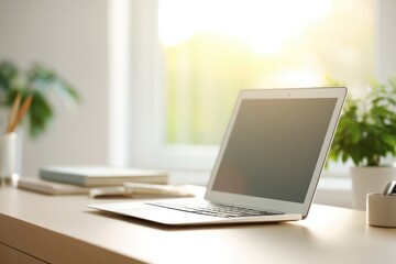 Fototapeta premium open laptop on clean empty desk with minimalist office supplies large window softly lighting area