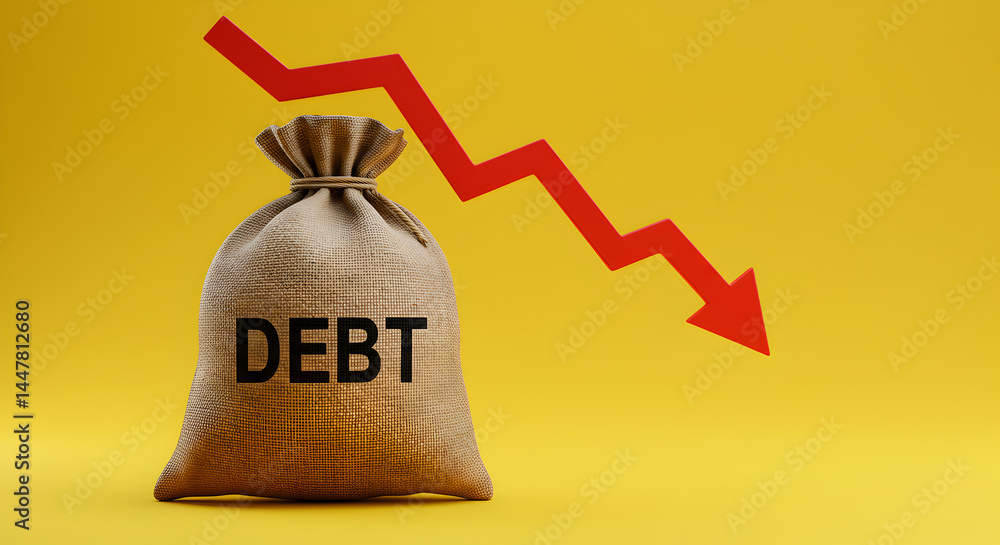 Poster burlap sack labeled debt with a declining red arrow against a yellow background