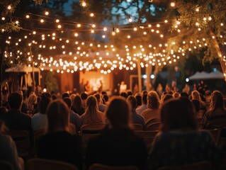Outdoor event features rows of people enjoying a concert under festive string lights