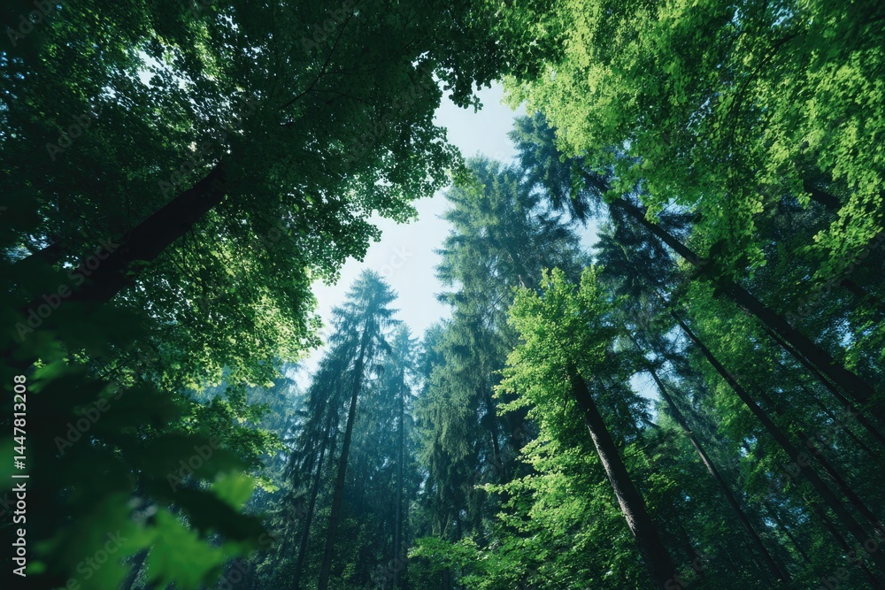 Poster capture minimalistic scene of foliage and towering trees in expansive forest with sunlight streaming