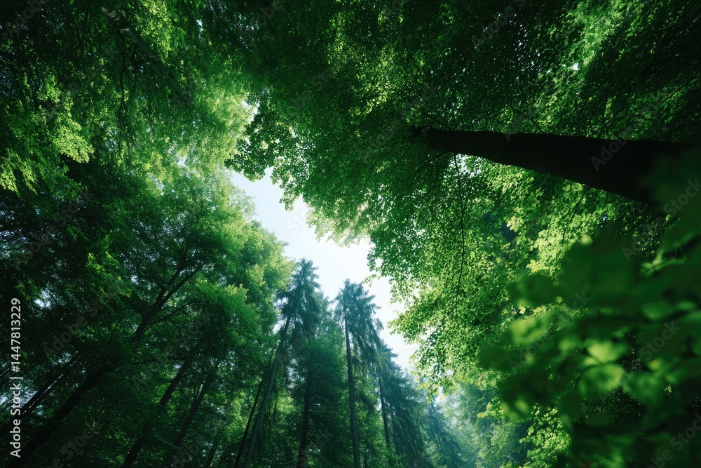 Poster capture minimalistic scene of foliage and towering trees in expansive forest with sunlight streaming