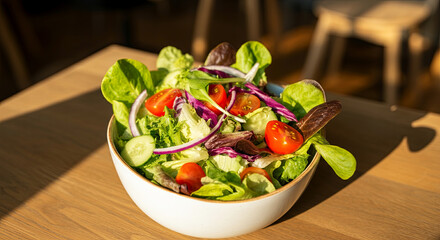 A vibrant, fresh salad featuring a mix of greens, cherry tomatoes, and a splash of red onion