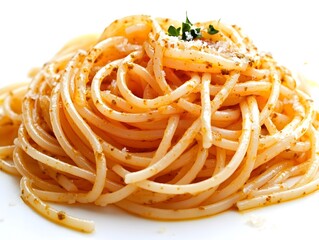 A delicious plate of perfectly cooked spaghetti with a light and flavorful oil-based sauce is presented on a white background.