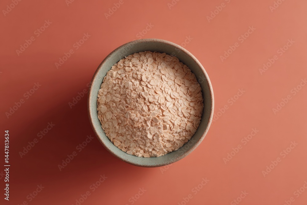 Poster single bowl of oats placed centrally on smooth solid color background creating minimalist visual