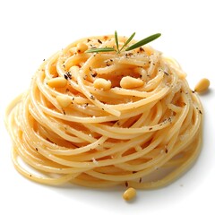 A delicious plate of spaghetti aglio e olio pasta is perfectly presented with pine nuts and rosemary.