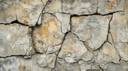 Fototapeta premium Close-up View of a Rough Textured Cracked Wall with Variations in Gray and Beige Colors