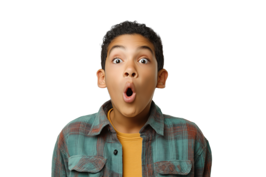 Young boy expresses surprised with look of astonishment and wide open mouth isolated on white transparent background