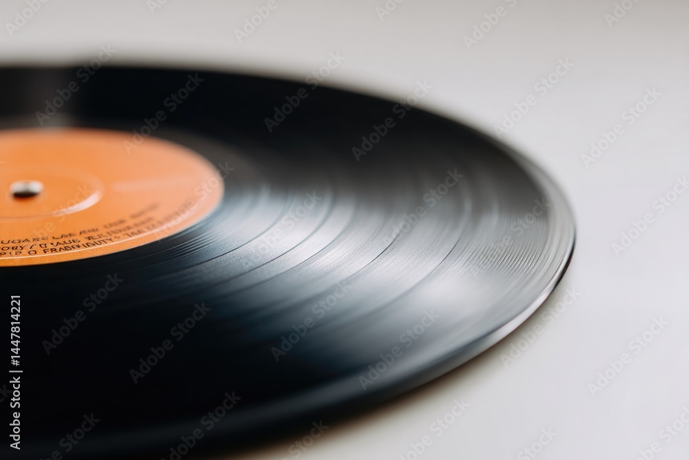 Poster close-up of vintage vinyl record with visible texture placed on plain background to create authentic