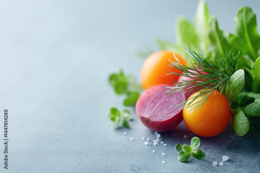 Poster close-up of assorted garnishes on clean minimalistic surface with ample copy space for text placemen