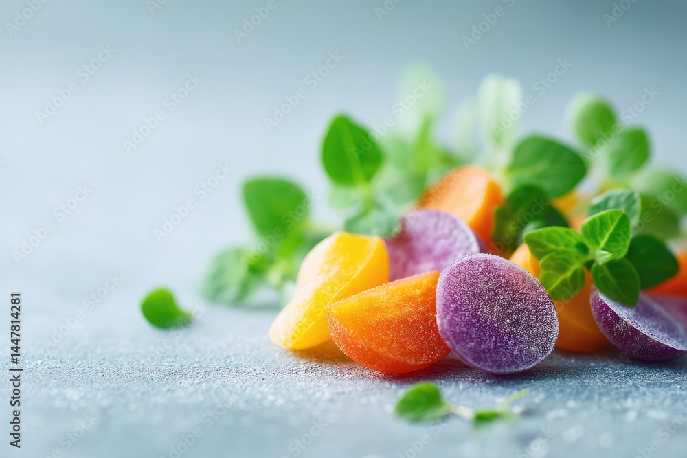 Poster close-up of assorted garnishes on clean minimalistic surface with ample copy space for text placemen