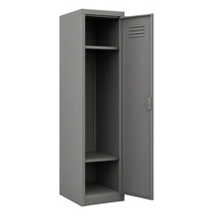 A single grey metal locker stands open, displaying its secure compartments for personal storage and organization.