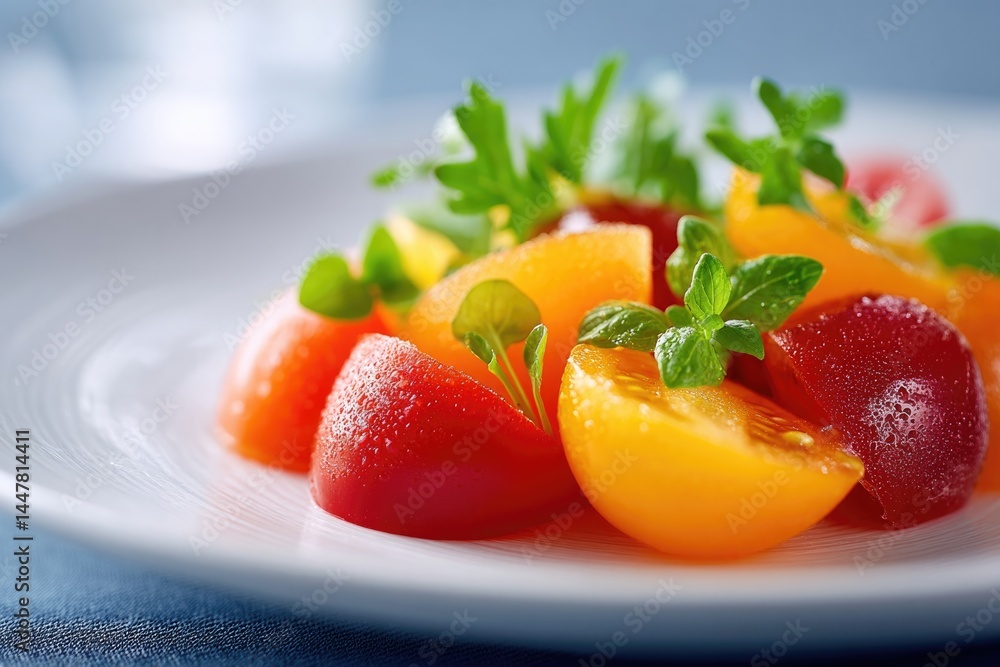 Poster close-up of various garnishes on clean minimalistic plate emphasizing texture and color harmony