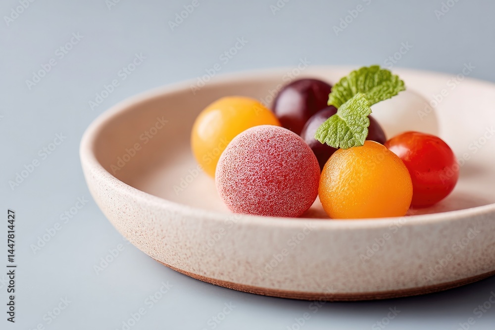 Poster close-up of various garnishes on clean minimalistic plate emphasizing texture and color harmony