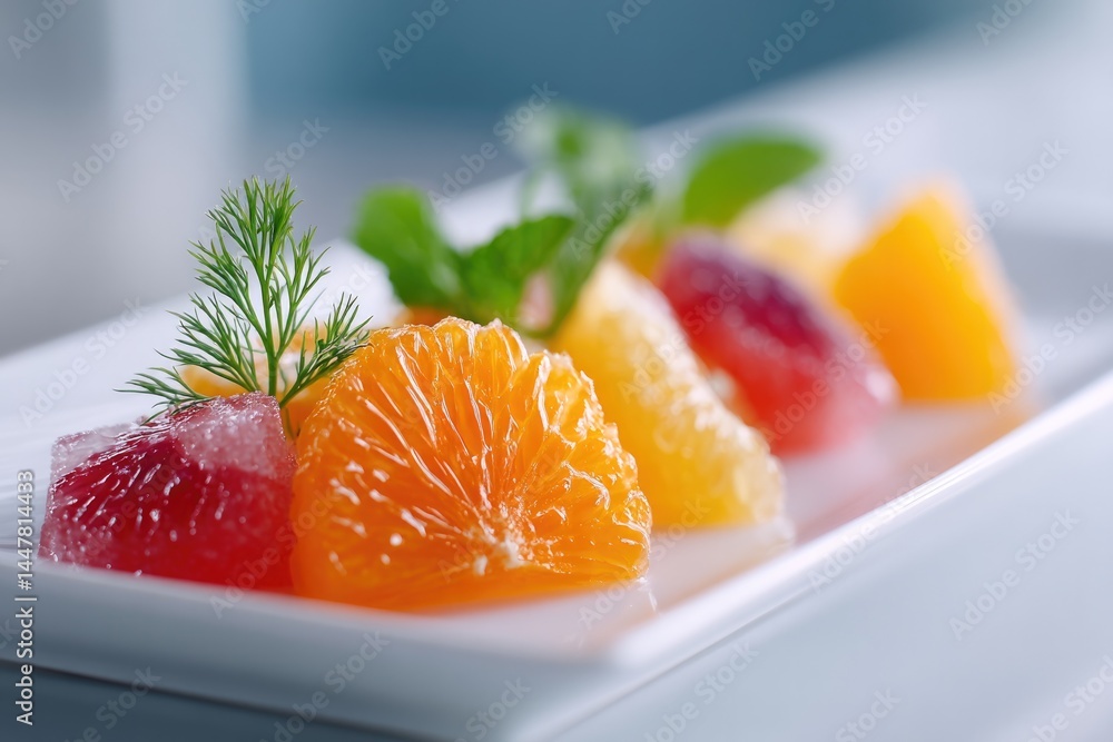 Poster close-up of various garnishes on clean minimalistic plate emphasizing texture and color harmony