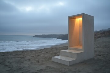 Illuminated Concrete Structure on Sandy Beach at Dusk Ocean View