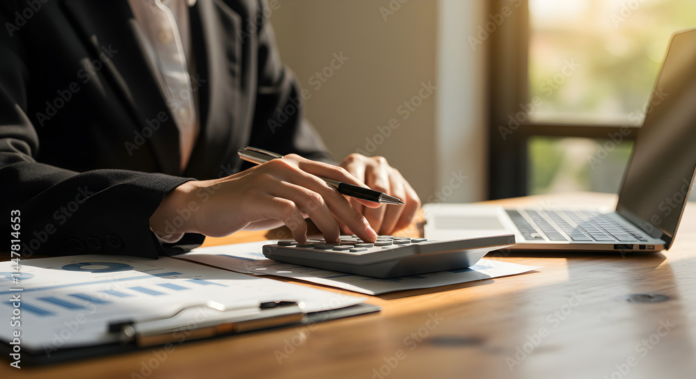 Poster close up of accountant using calculator for financial report on wooden desk with laptop and analysis