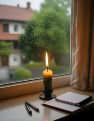 A lone candle flickering on a windowsill during a quiet rainy afternoon, with a notebook and pen nearby.
