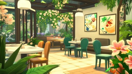 Cozy garden view cafe interior