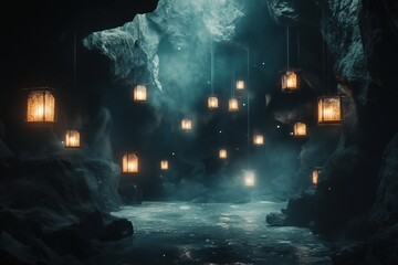 Fototapeta premium dark abandoned mine flickering lanterns