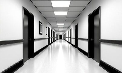 Empty, modern hallway with black doors and white walls.  Black trim along the walls.  Bright, even lighting.  Perspective leads to unseen end