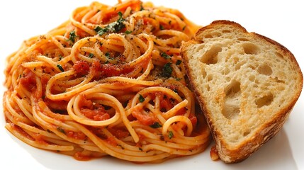 A delicious plate of spaghetti with marinara sauce is served alongside a slice of toasted bread for a simple yet satisfying meal.