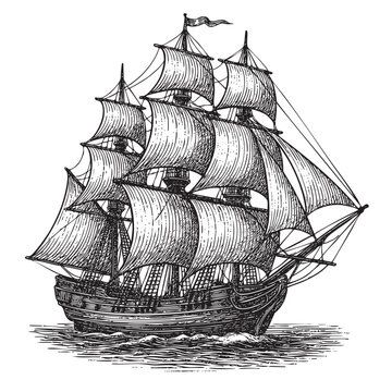 classic sailing ship in full sail woodcut engraving vector illustration