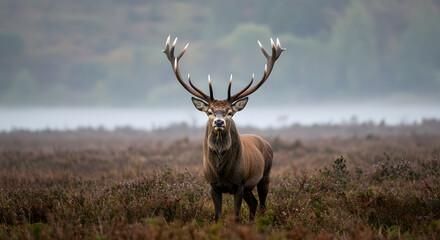 Majestic Red Deer Stag in Misty Moorland